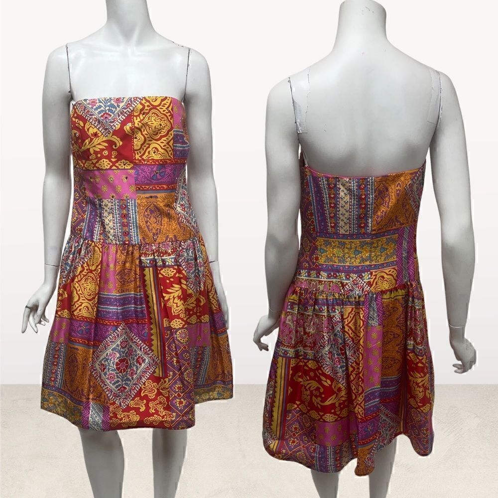 David Meister Strapless 100% Silk Patchwork Paisley Dress Rhinestone Redβ Pink 8